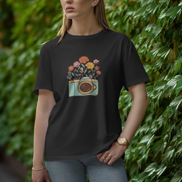 Camera With Flower - Half Sleeve T-Shirt for Women